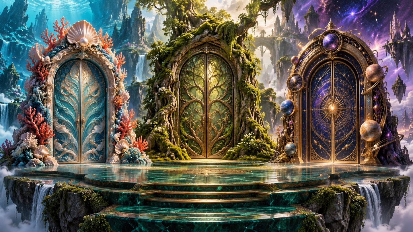 Three closed doorways: ocean coral, mossy forest and brass cosmos